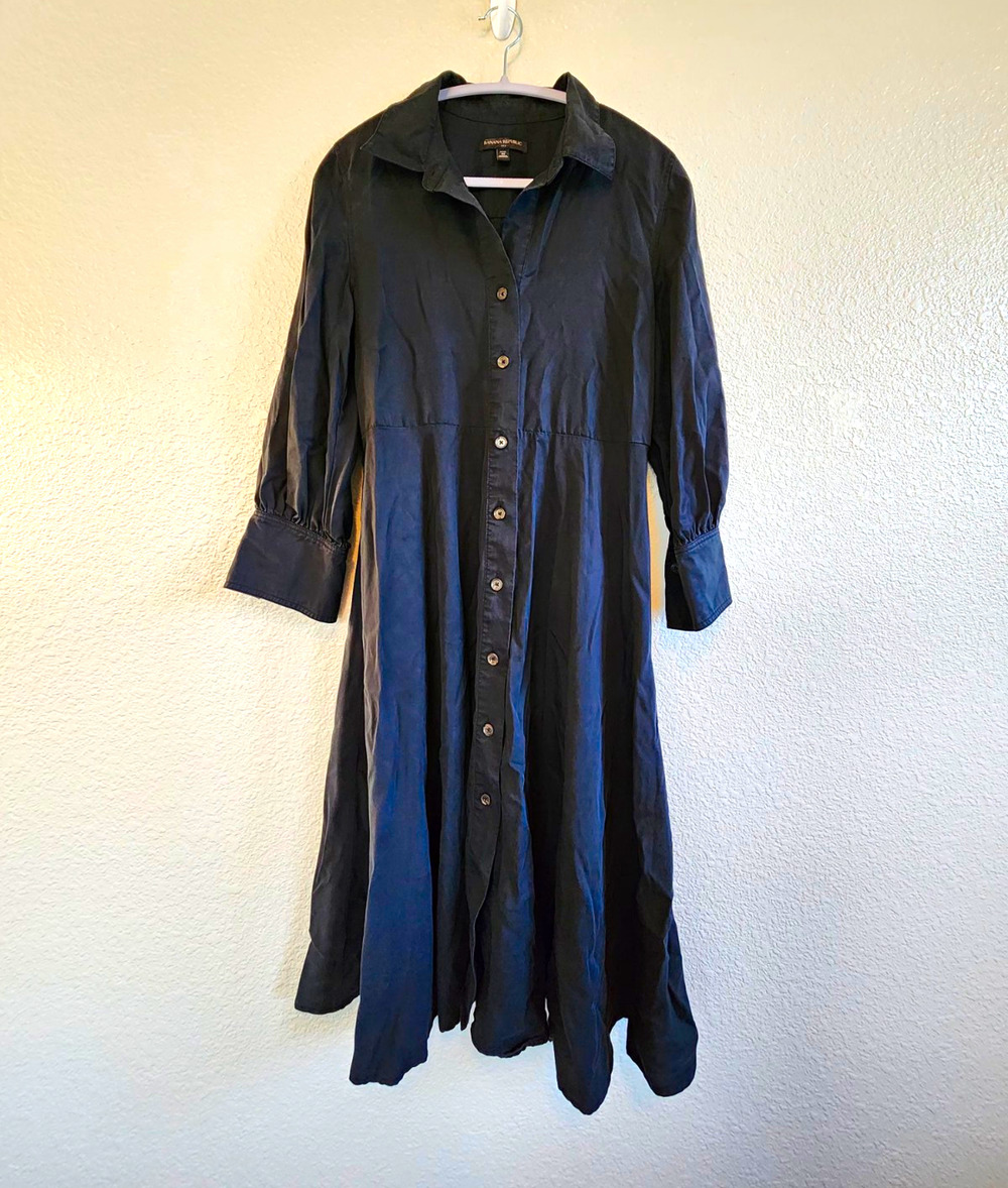 Banana Republic Petite PM Black Lyocell Collared Button-Front Midi Dress